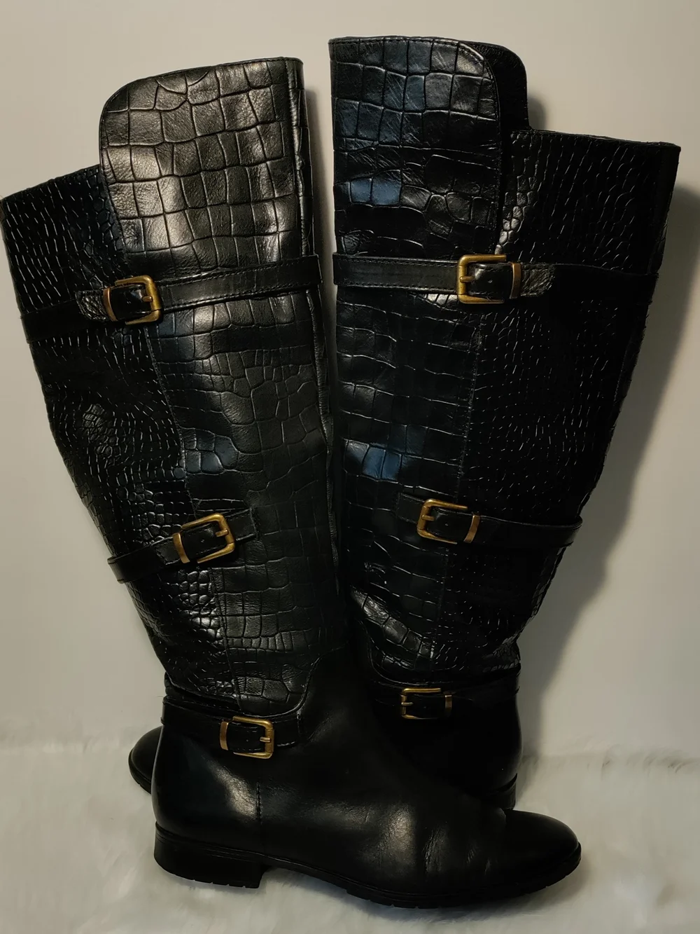 Vintage Isolá Black Leather Croc Embossed Knee High Boots Size 8